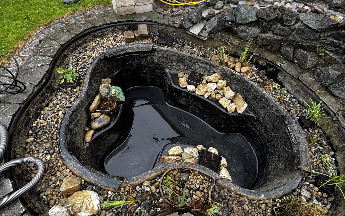 Kleiner Gartenteich nach der Entschlammung — saubere Folie und neu aufgesetzte Uferzone